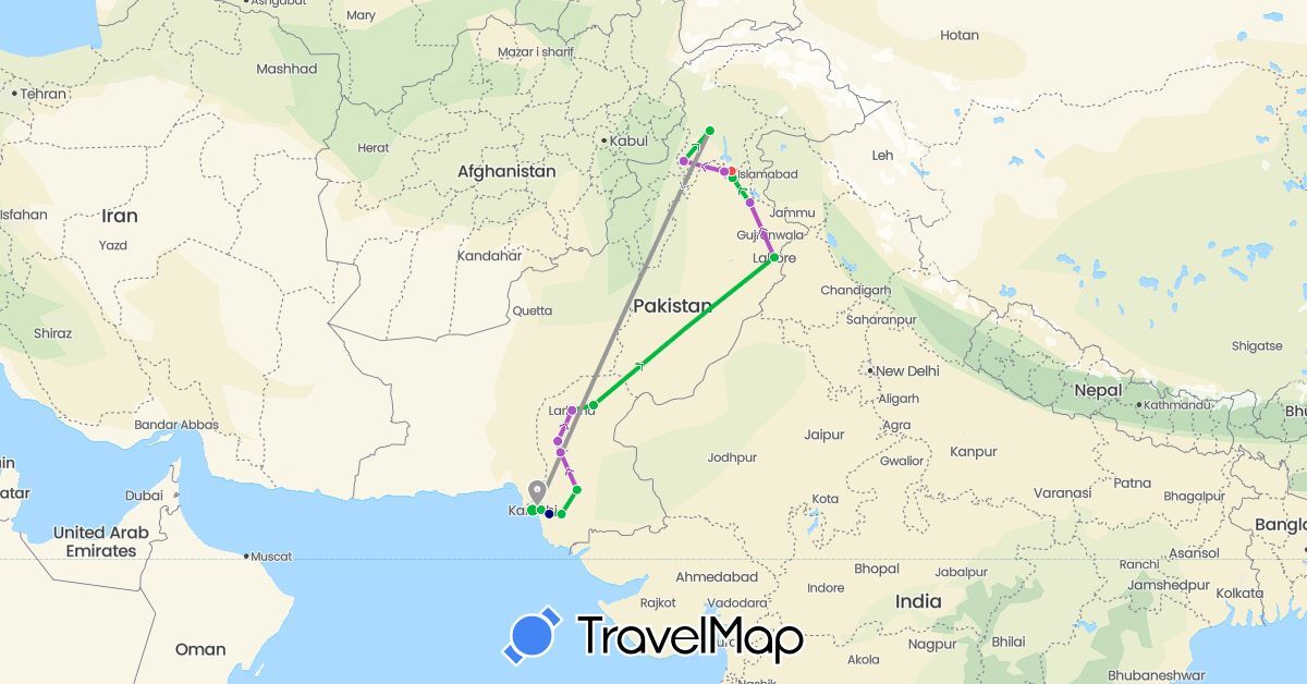 TravelMap itinerary: driving, bus, plane, train, hiking in Pakistan (Asia)